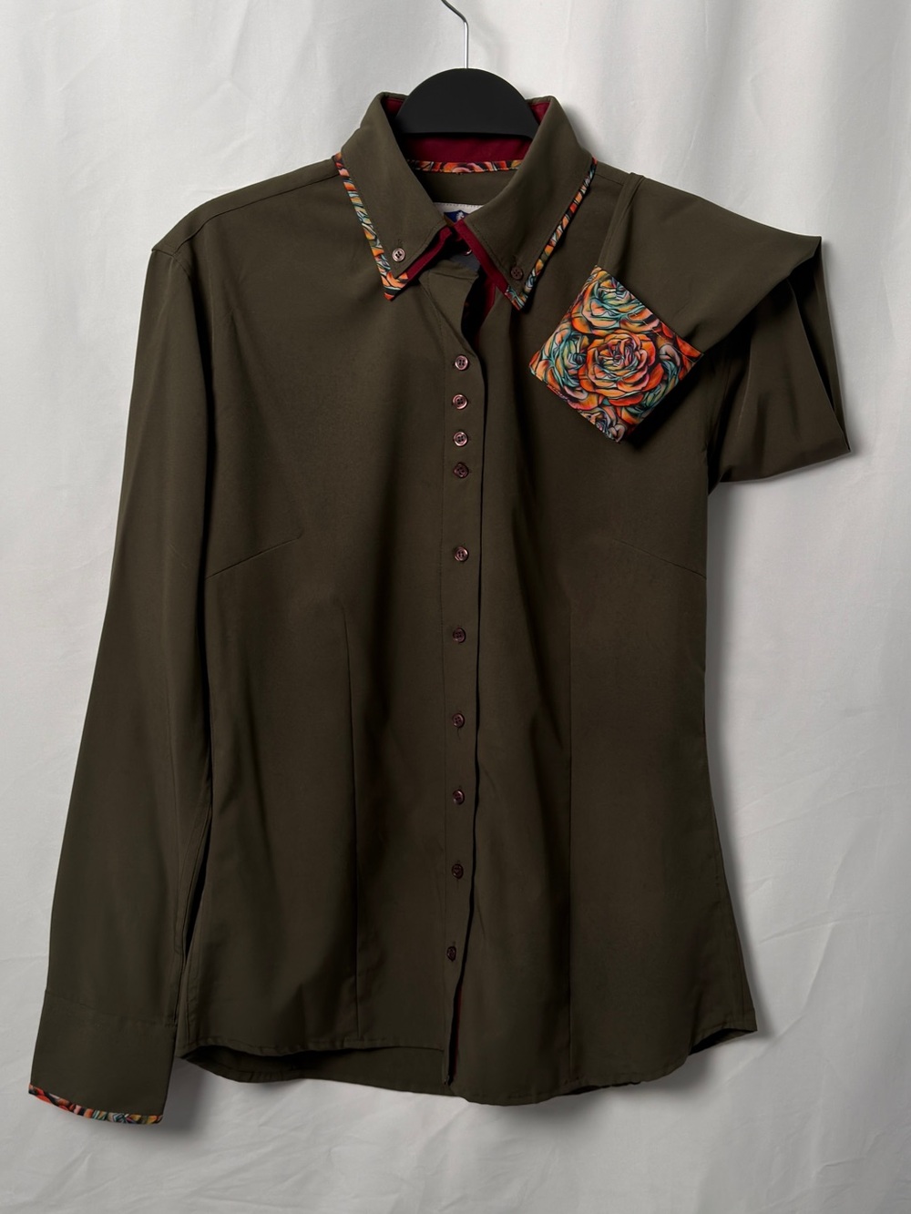 RHE Royal Highness Olive Western Show Shirt Floral Trim Long Sleeve Women
